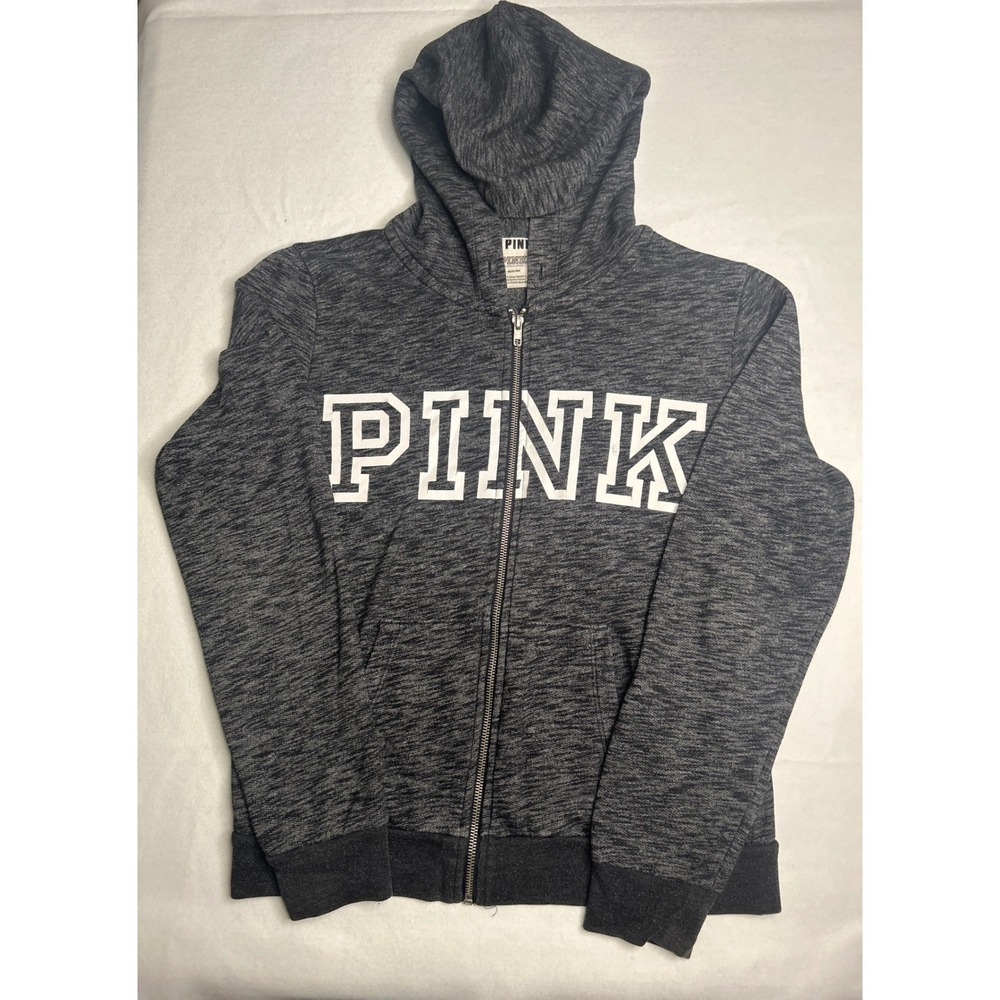 PINK Victoria's Secret Full Zip Hoodie Charcoal Gray Logo Medium